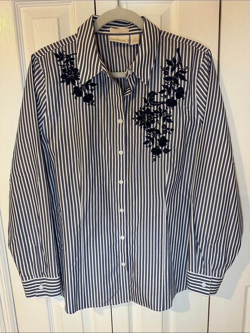 Chico's Navy & White Striped Button-Down Shirt with Navy Floral Appliqué